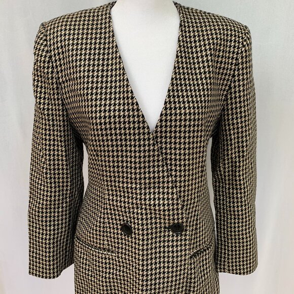 Vtg 80s Houndstooth Double Breast Wool Blazer Jacket Made in USA - Picture 1 of 16